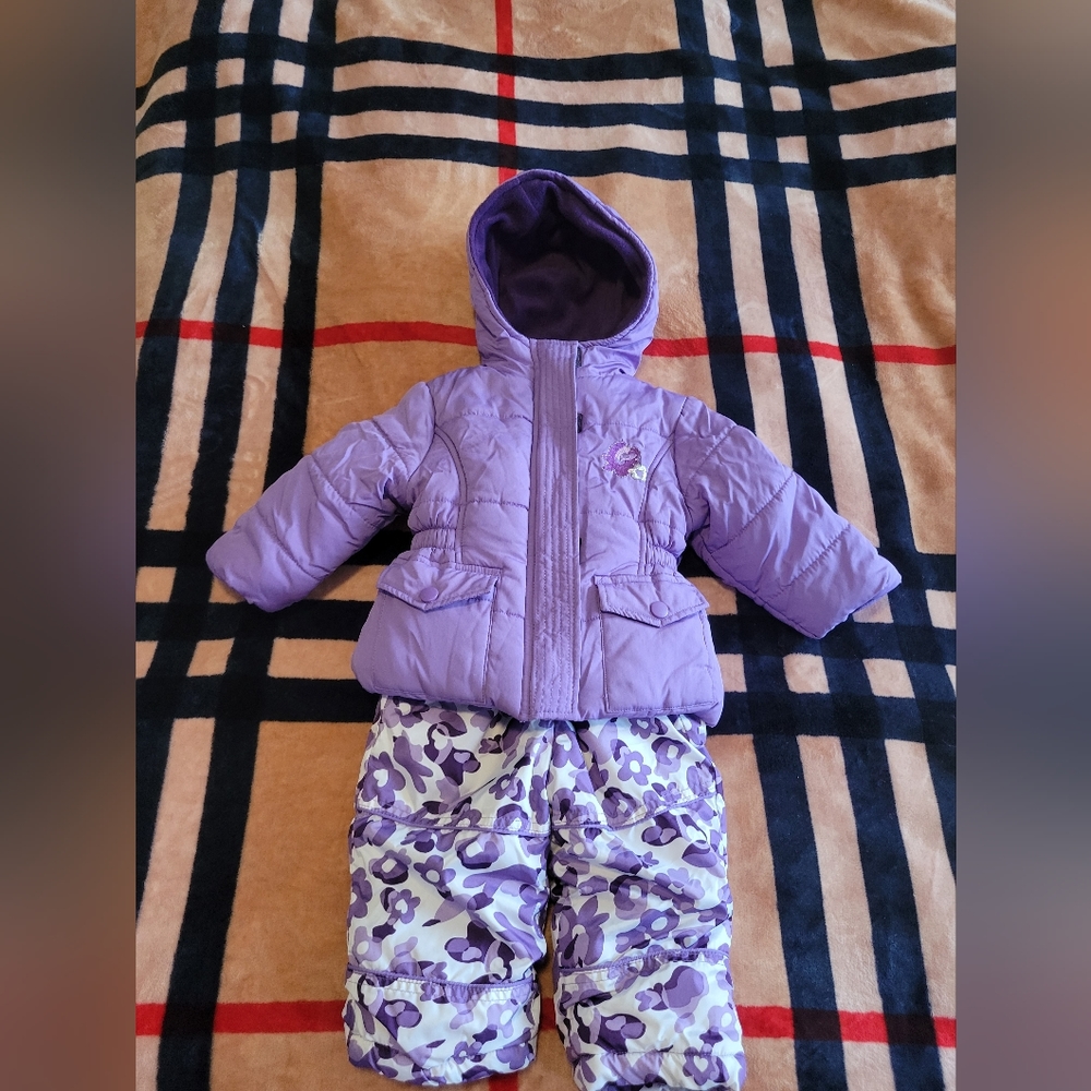 Pink Platinum puffer coat and overall snow pants set. Size: 12M